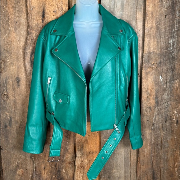 Soia & Kyo Green Genuine Lamb Leather Biker Jacket - Size X-Small - NWOT - Picture 2 of 10